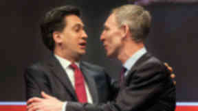 Labour leader Ed Miliband hugs Scottish Labour party leader Jim Murphy at the Scottish Labour conference March 7 2015 quality news image