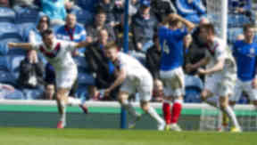 Peterhead celebrate scoring against Rangers at Ibrox.