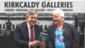 Gordon Brown and Val McDermid at the reopening of the Kirkcaldy Galleries in Fife.