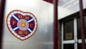 Hearts badge on the exterior of Tynecastle Stadium, June 2013.