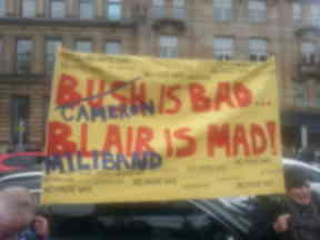Hope Over Fear rally, Bush and Blair banner, 12 October 2014.