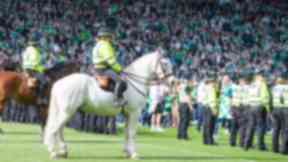Disorder: Police on the pitch at Hampden on Saturday.