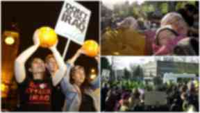From left to right: The Hallowe'en protest; a mother and child at the "die-in" on December 2, 2002; the protest outside Army headquarters on January 19, 2003.