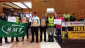 London: Demonstration in support of strike at Shell's Canary Wharf HQ.