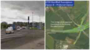 Collage showing plan for a flyover at the Sheriffhall roundabout, Edinburgh bypass A720.