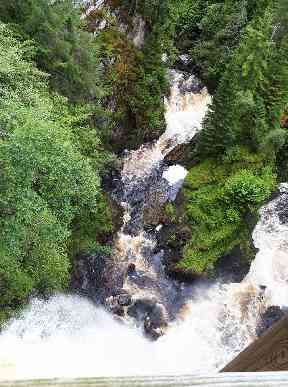 Holding a phone over Plodda Falls Bridge.