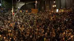 Thousands of demonstrators flooded a main street in Barcelona.