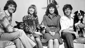 Peter Purves, Lesley Judd, Valerie Singleton and John Noakes with dog Shep in 1972.