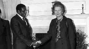 Robert Mugabe meets with Margaret Thatcher at Downing Street in 1982.