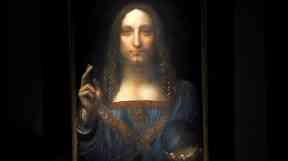 Leonardo da Vinci's Salvator Mundi painting is on display at a press preview at Christie's in New York City.