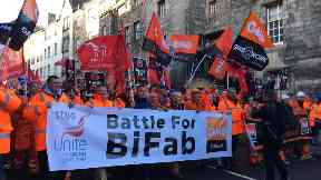 Protest: BiFab workers march along the Royal Mile in Edinburgh.