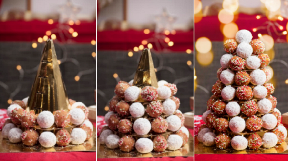 Timbit tree: Treats stacked on platforms around gold cone.