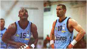 Shooting hoops: Edinburgh Rocks players Michael New and Brendan Graves in 1999.