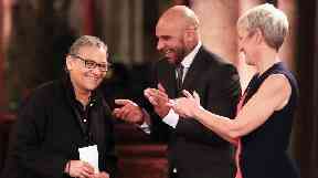 DJ Goldie (centre) and Maria Jane Balshaw Director of the Tate congratulate Lubaina Himid as the winner of Turner Prize 2017.