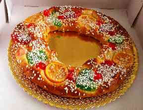 Roscón de Reyes is traditionally eaten on Epiphany in Spain.
