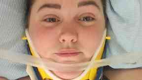 Katie Rae: Unable to stand after crash.