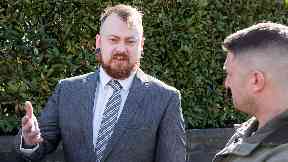 Mark Meechan: YouTuber with supporter Tommy Robinson outside court.