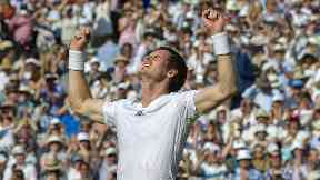 Andy Murray celebrates after reaching the Wimbledon final.