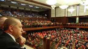 Turkey’s President Recep Tayyip Erdogan at the parliament in Ankara