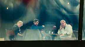 James May, Richard Hammond and Jeremy Clarkson on The Grand Tour set.
