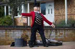 A Greatest Showman themed scarecrow on display Harpole Villiage in Northampton, as they host the 21st annual Harpole Scarecrow Festival