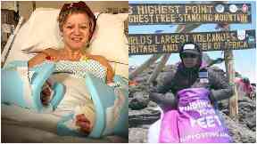 Corinne: Recovering post-op, and at summit of Kilimanjaro.