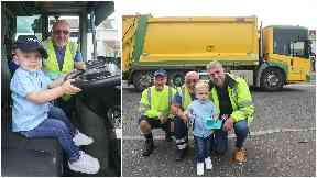 Biggest fan: Little Harris loves waving at the binmen.