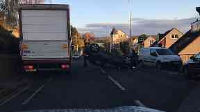 Inverkeithing: A car ended up on its roof.